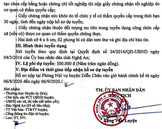 UBND huyện Diễn Châu, Nghệ An tuyển dụng công chức cấp xã năm 2020