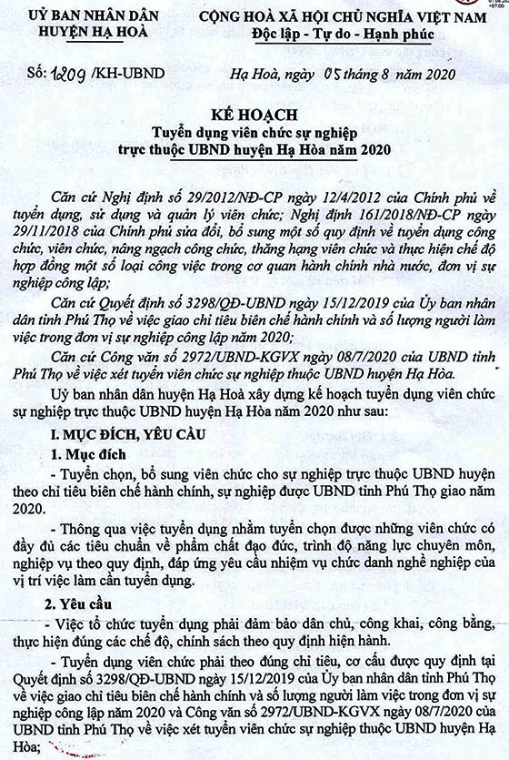 UBND huyện Hạ Hòa, Phú Thọ tuyển dụng viên chức năm 2020