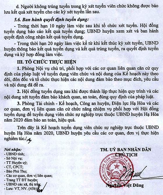 UBND huyện Hạ Hòa, Phú Thọ tuyển dụng viên chức năm 2020