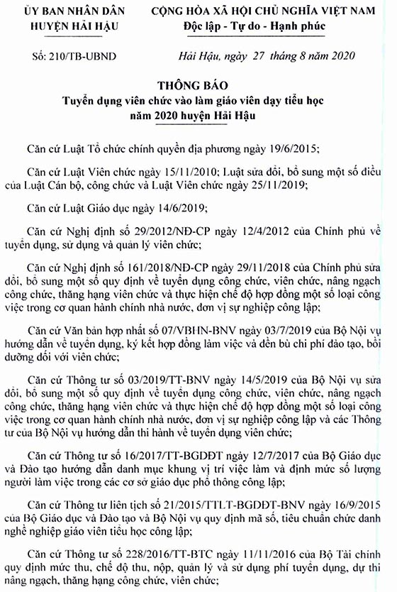 UBND huyện Hải Hậu, Nam Định tuyển dụng giáo viên tiểu học năm 2020