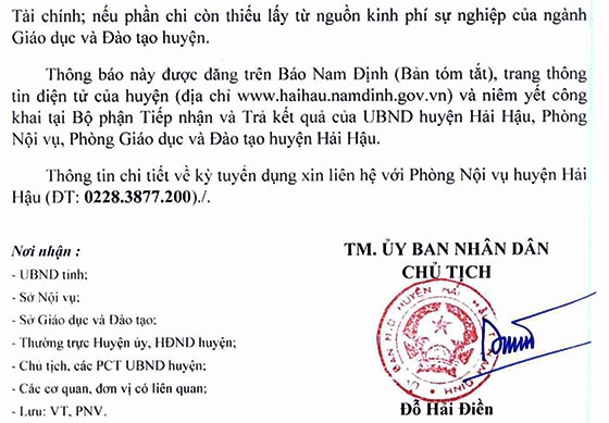 UBND huyện Hải Hậu, Nam Định tuyển dụng giáo viên tiểu học năm 2020