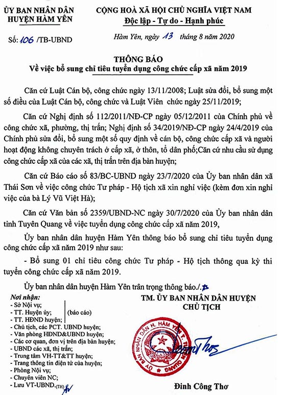 UBND huyện Hàm Yên, Tuyên Quang bổ sung chỉ tiêu tuyển dụng công chức cấp xã năm 2020