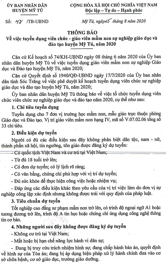 UBND huyện Mỹ Tú, Sóc Trăng tuyển dụng giáo viên mầm non năm 2020