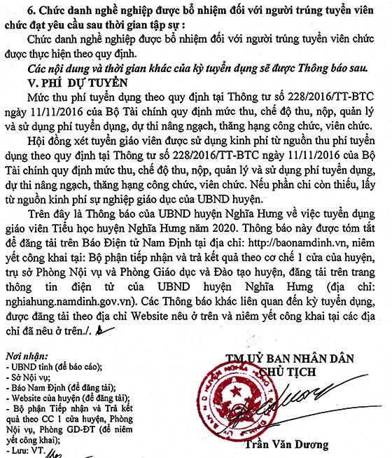 UBND huyện Nghĩa Hưng, Nam Định tuyển dụng giáo viên tiểu học năm 2020