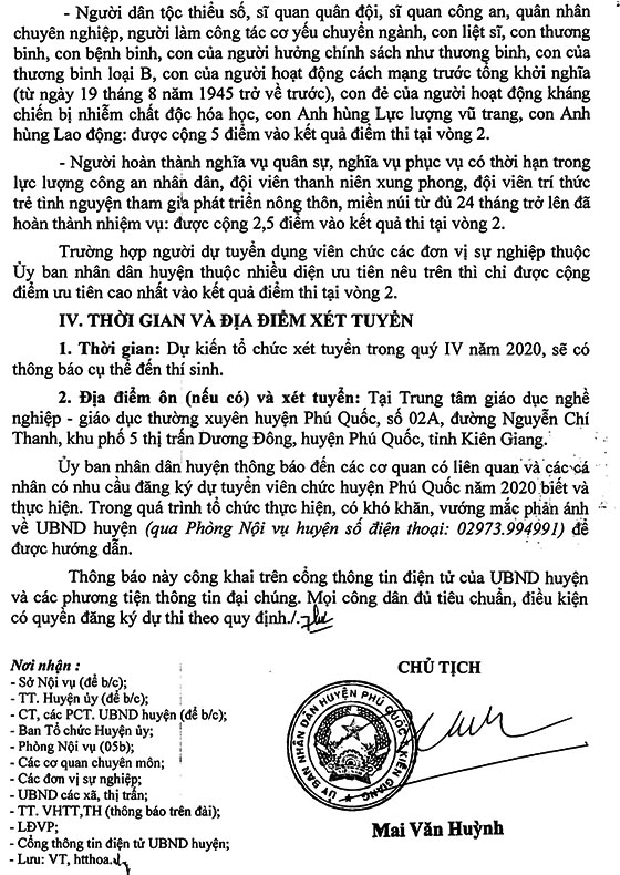 UBND huyện Phú Quốc, Kiên Giang tuyển dụng viên chức năm 2020