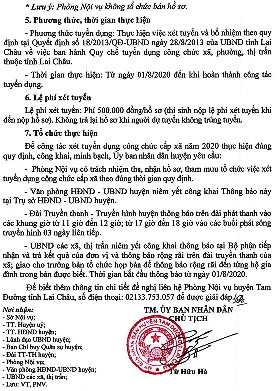 UBND huyện Tam Đường, Lai Châu tuyển dụng công chức cấp xã năm 2020