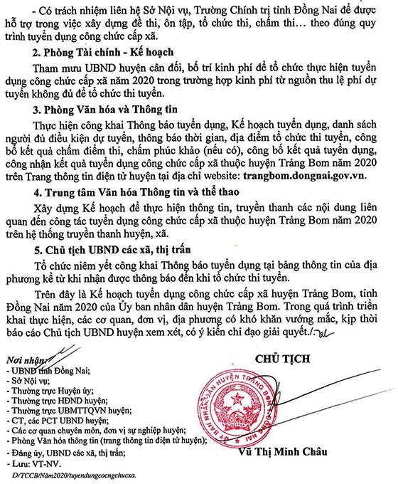 UBND huyện Trảng Bom, Đồng Nai tuyển dụng công chức cấp xã năm 2020