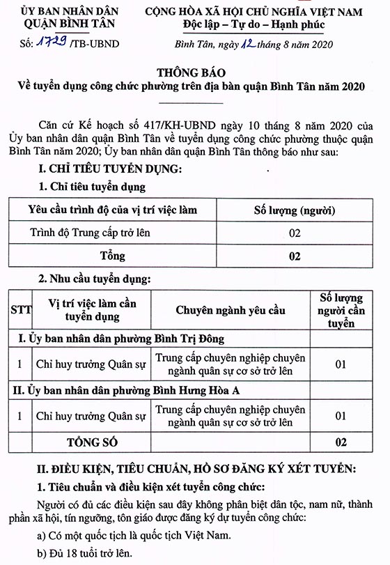 UBND quận Bình Tân, TP.HCM tuyển dụng công chức phường năm 2020
