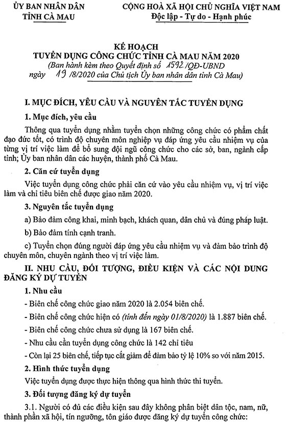 UBND tỉnh Cà Mau tuyển dụng công chức năm 2020
