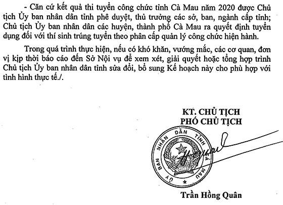 UBND tỉnh Cà Mau tuyển dụng công chức năm 2020