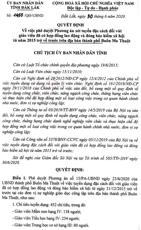 UBND TP.Buôn Ma Thuột, Đắk Lắk tuyển dụng đặc cách giáo viên năm 2020