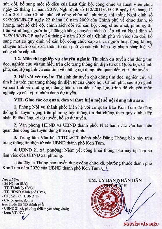 UBND TP.Kon Tum tuyển dụng công chức xã, phường năm 2020