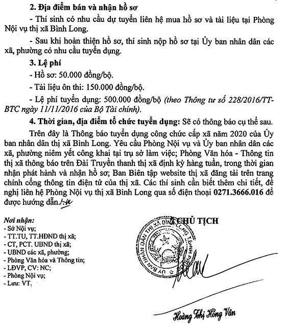 UBND Tx.Bình Long, Bình Phước tuyển dụng công chức cấp xã năm 2020