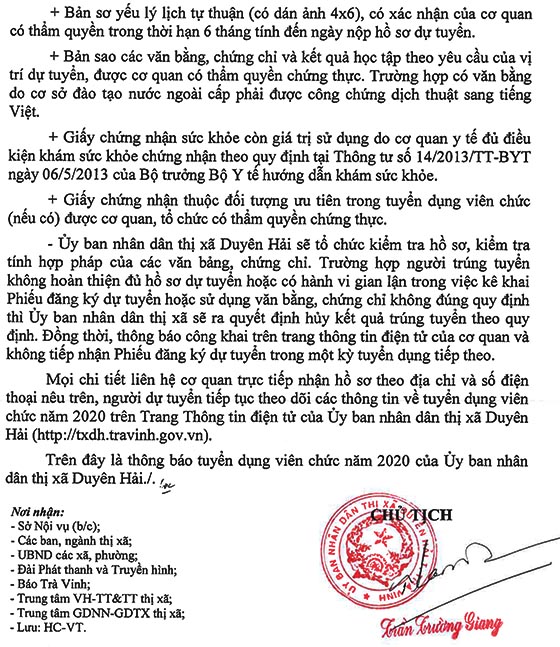 UBND Tx.Duyên Hải, Trà Vinh tuyển dụng viên chức năm 2020