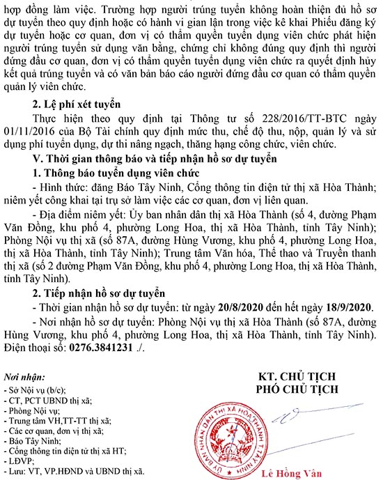 UBND Tx.Hòa Thành, Tây Ninh tuyển dụng viên chức năm 2020