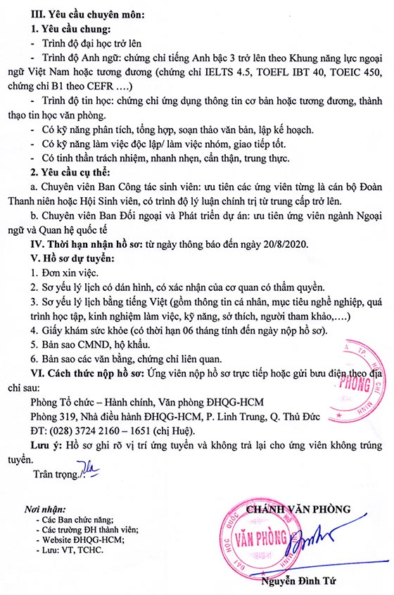 Văn phòng Cơ quan Đại học Quốc gia TP.HCM tuyển dụng viên chức năm 2020