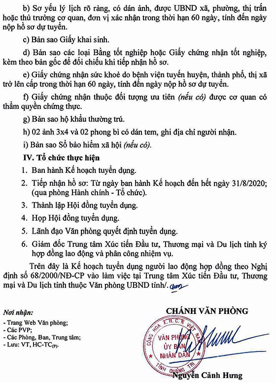 Văn phòng UBND tỉnh Quảng Trị tuyển dụng nhân sự năm 2020