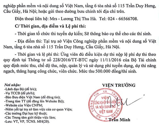 Viện Công nghiệp phần mềm và nội dung số Việt Nam tuyển dụng viên chức đợt 1 năm 2020