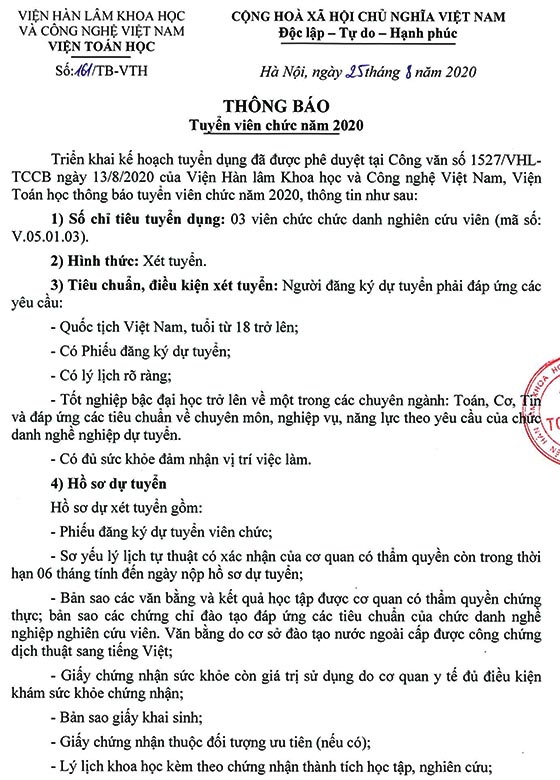 Viện Toán học, Viện Hàn lâm Khoa học và Công nghệ Việt Nam tuyển dụng viên chức năm 2020