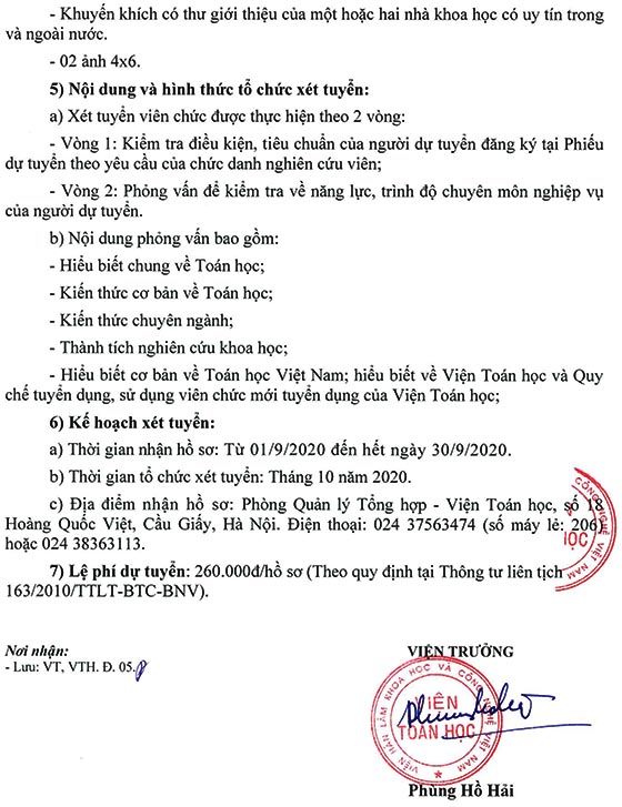 Viện Toán học, Viện Hàn lâm Khoa học và Công nghệ Việt Nam tuyển dụng viên chức năm 2020