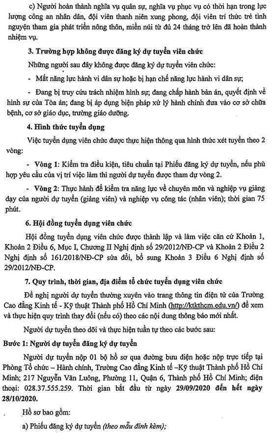Cao đẳng Kinh tế - Kỹ thuật TP. Hồ Chí Minh tuyển dụng viên chức năm học 2020-2021