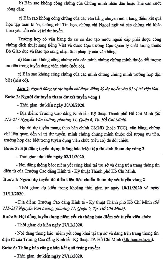 Cao đẳng Kinh tế - Kỹ thuật TP. Hồ Chí Minh tuyển dụng viên chức năm học 2020-2021