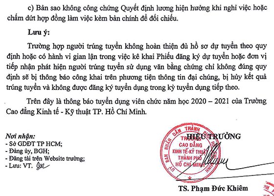 Cao đẳng Kinh tế - Kỹ thuật TP. Hồ Chí Minh tuyển dụng viên chức năm học 2020-2021