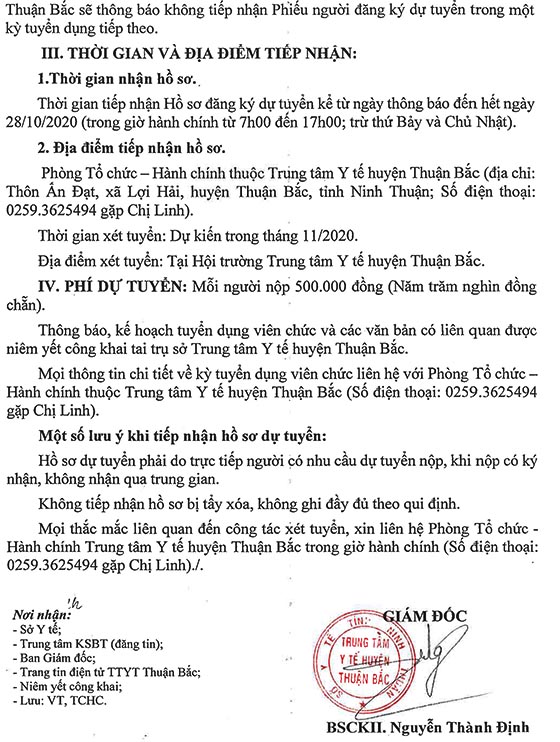 Trung tâm Y tế huyện Thuận Bắc, Ninh Thuận tuyển dụng viên chức năm 2020