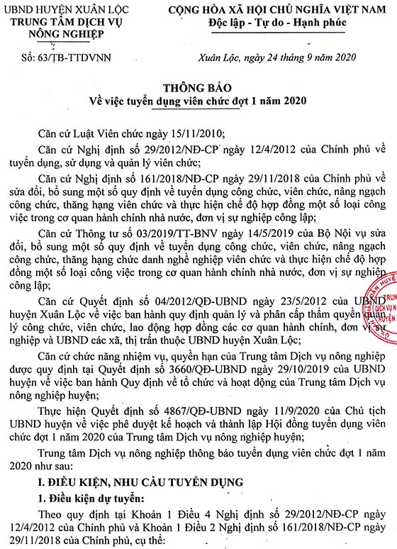 Trung tâm dịch vụ Nông nghiệp huyện Xuân Lộc, Đồng Nai tuyển dụng viên chức đợt 1 năm 2020