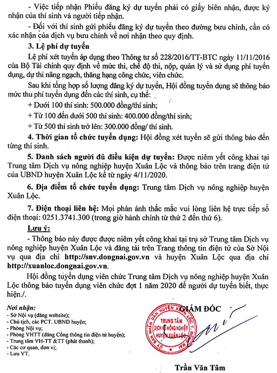 Trung tâm dịch vụ Nông nghiệp huyện Xuân Lộc, Đồng Nai tuyển dụng viên chức đợt 1 năm 2020