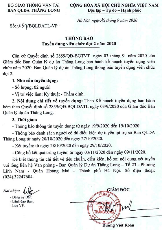 Ban QLDA Thăng Long tuyển dụng viên chức năm 2020 (đợt 2)