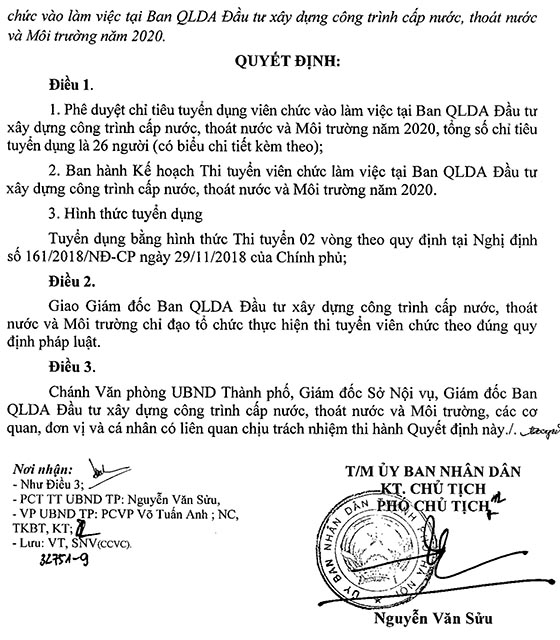 Ban Quản lý dự án Đầu tư xây dựng công trình cấp nước, thoát nước và Môi trường TP.Hà Nội tuyển dụng viên chức năm 2020