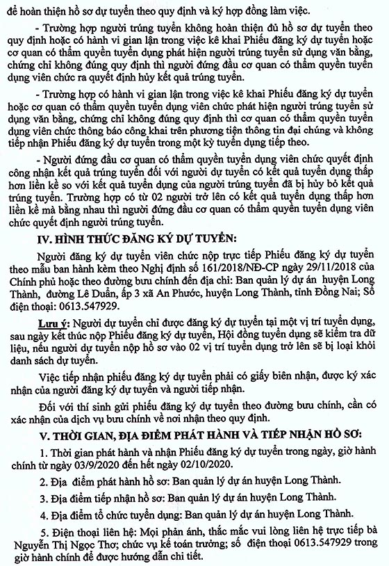 Ban Quản lý dự án huyện Long Thành, Đồng Nai tuyển dụng viên chức đợt 1 năm 2020