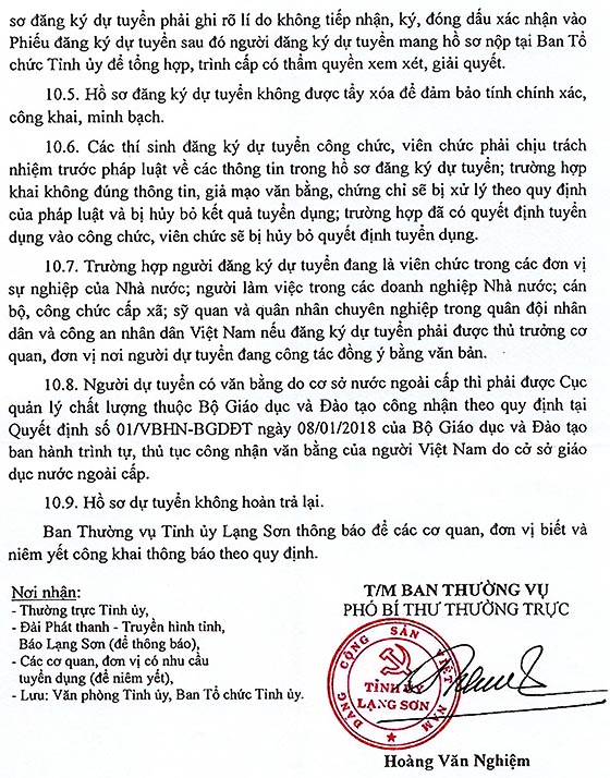 Ban Thường vụ Tỉnh ủy Lạng Sơn tuyển dụng công chức, viên chức năm 2020