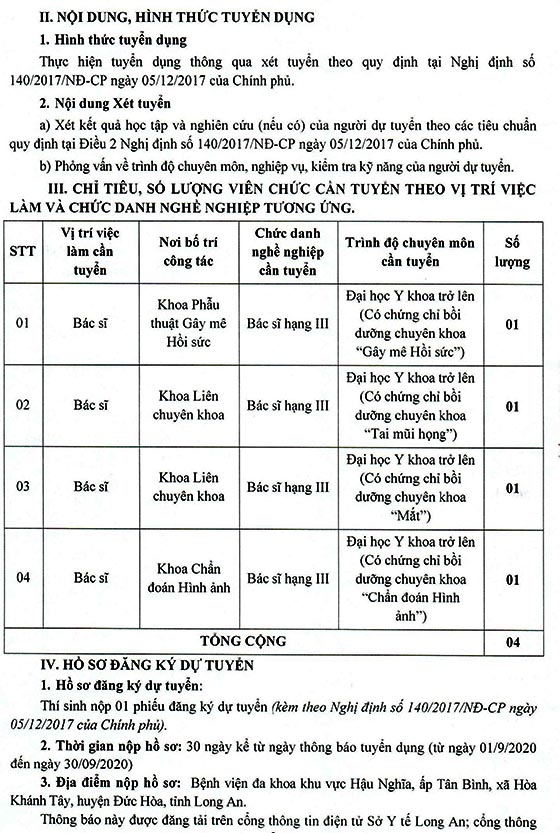 Bệnh viện Đa khoa khu vực Hậu Nghĩa, Long An tuyển dụng viên chức năm 2020