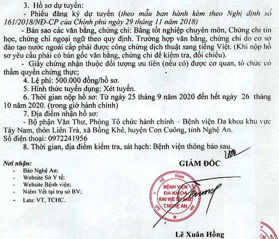 Bệnh viện đa khoa khu vực Tây Nam Nghệ An tuyển dụng năm 2020 