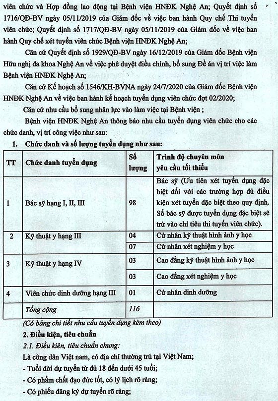 Bệnh viện Hữu nghị Đa khoa Nghệ An tuyển dụng viên chức đợt 02 năm 2020