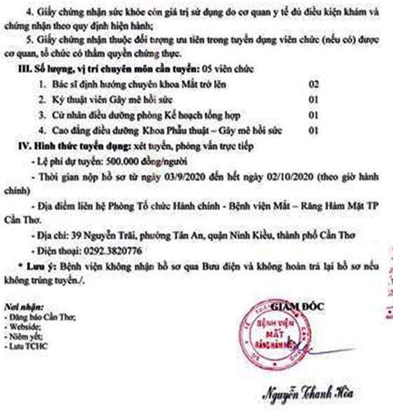 Bệnh Viện Mắt - Răng Hàm Mặt TP.Cần Thơ tuyển dụng viên chức năm 2020