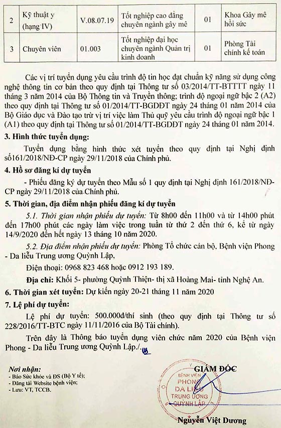Bệnh viện Phong- Da liễu Trung Ương Quỳnh Lập, Nghệ An tuyển dụng viên chức năm 2020