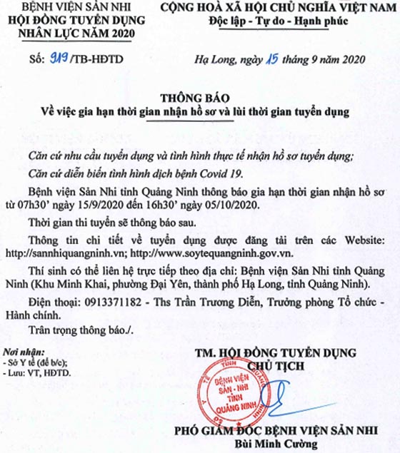 Bệnh viện Sản Nhi Quảng Ninh gia hạn thời gian nhận hồ sơ tuyển dụng hợp đồng lao động năm 2020