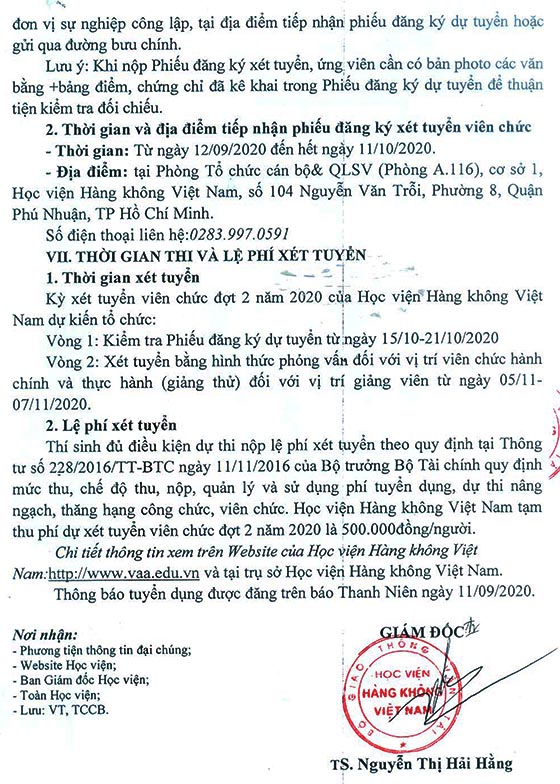 Học viện Hàng không Việt Nam tuyển dụng viên chức đợt 02 năm 2020