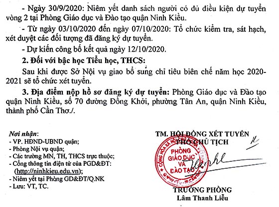 Hội đồng xét tuyển viên chức ngành giáo dục quận Ninh Kiều, TP.Cần Thơ tuyển dụng viên chức năm 2020