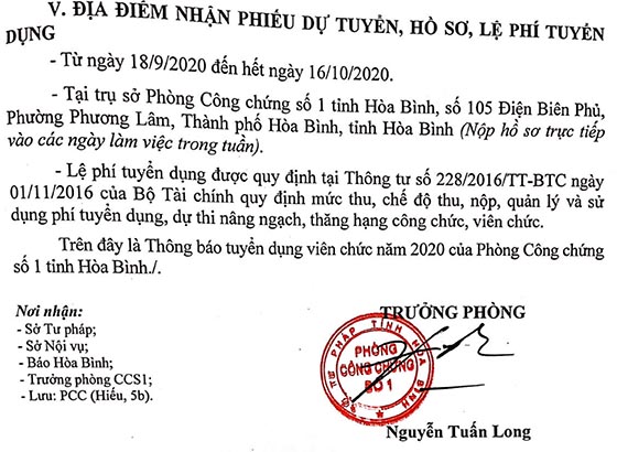 Phòng Công chức số 01 tỉnh Hòa Bình tuyển dụng viên chức năm 2020