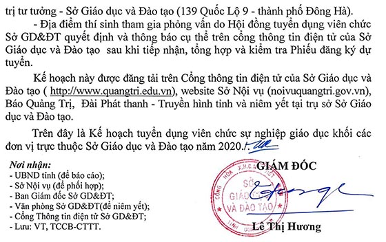 Sở Giáo dục và Đào tạo tỉnh Quảng Trị tuyển dụng viên chức giáo dục năm 2020