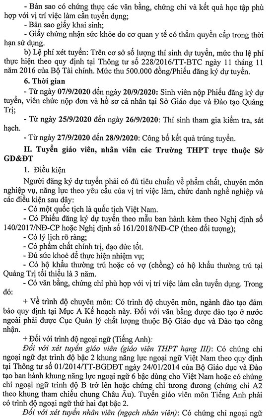 Sở Giáo dục và Đào tạo tỉnh Quảng Trị tuyển dụng viên chức giáo dục năm 2020