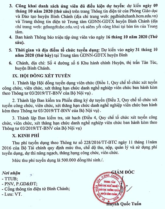 Trung tâm GDNN - GDTX huyện Bình Chánh, TP.HCM tuyển dụng viên chức năm học 2020-2021
