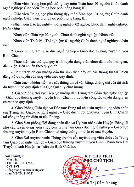 Trung tâm GDNN - GDTX huyện Bình Chánh, TP.HCM tuyển dụng viên chức năm học 2020-2021