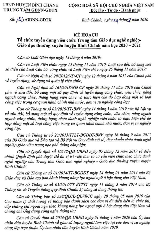 Trung tâm GDNN - GDTX huyện Bình Chánh, TP.HCM tuyển dụng viên chức năm học 2020-2021
