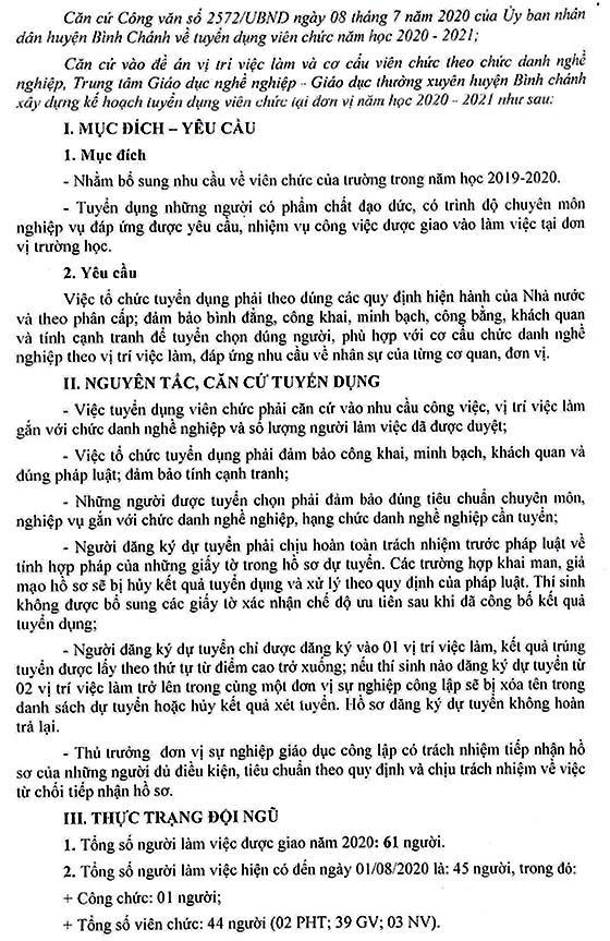 Trung tâm GDNN - GDTX huyện Bình Chánh, TP.HCM tuyển dụng viên chức năm học 2020-2021