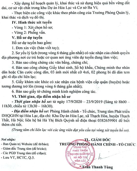 Trung tâm Phát triển Đại học Quốc Gia Hà Nội tại Hòa Lạc tuyển dụng lao động đợt 2 năm 2020
